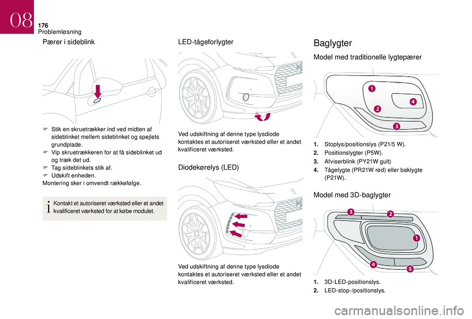 CITROEN DS3 2018 InstruktionsbØger (in Danish) 176
Pærer i sideblink
Kontakt et autoriseret værksted eller et andet
kvalificeret værksted for at købe modulet.
LED-tågeforlygter
Diodekørelys (LED)Baglygter
Model med traditionelle lygtepærer CITROEN DS3 2018 InstruktionsbØger (in Danish) 176
Pærer i sideblink
Kontakt et autoriseret værksted eller et andet
kvalificeret værksted for at købe modulet.
LED-tågeforlygter
Diodekørelys (LED)Baglygter
Model med traditionelle lygtepærer