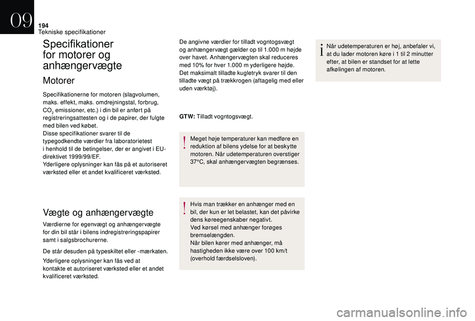 CITROEN DS3 2018 InstruktionsbØger (in Danish) 194
Specifikationer
f
or motorer og
anhængervægte
Motorer
Specifikationerne for motoren (slagvolumen,
maks. effekt, maks. omdrejningstal, forbrug,
CO
2 emissioner, etc.) i din bil er anført på CITROEN DS3 2018 InstruktionsbØger (in Danish) 194
Specifikationer
f
or motorer og
anhængervægte
Motorer
Specifikationerne for motoren (slagvolumen,
maks. effekt, maks. omdrejningstal, forbrug,
CO
2 emissioner, etc.) i din bil er anført på