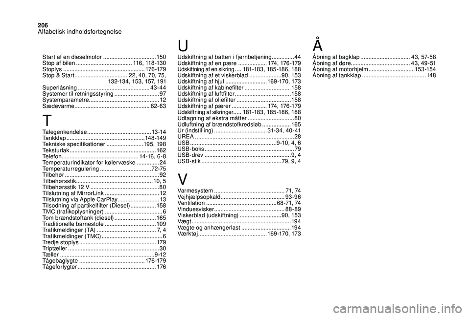 CITROEN DS3 CABRIO 2018  InstruktionsbØger (in Danish) 206
Talegenkendelse ........................................13 -14
Tankklap ................ ................................. 148 -149
Tekniske specifikationer
 

.......................195, 198
Teks