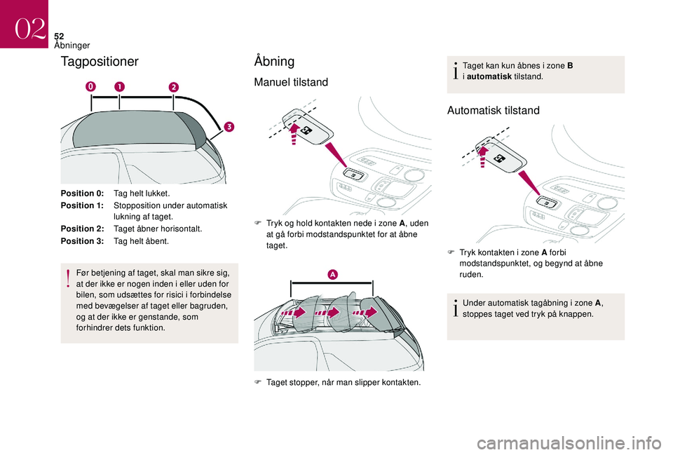 CITROEN DS3 CABRIO 2018 InstruktionsbØger (in Danish) 52
Tagpositioner
Position 0:Tag helt lukket.
Position 1: Stopposition under automatisk
lukning af taget.
Position 2: Taget åbner horisontalt.
Position 3: Tag helt åbent.
Før betjening af taget, sk CITROEN DS3 CABRIO 2018 InstruktionsbØger (in Danish) 52
Tagpositioner
Position 0:Tag helt lukket.
Position 1: Stopposition under automatisk
lukning af taget.
Position 2: Taget åbner horisontalt.
Position 3: Tag helt åbent.
Før betjening af taget, sk