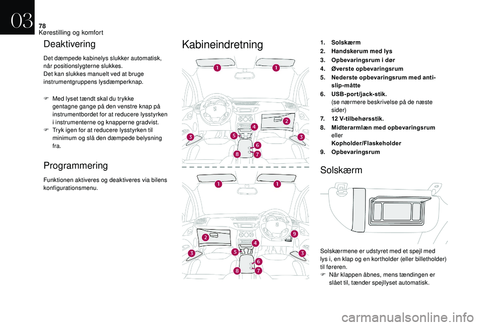 CITROEN DS3 2018  InstruktionsbØger (in Danish) 78
Deaktivering
Det dæmpede kabinelys slukker automatisk, 
når positionslygterne slukkes.
Det kan slukkes manuelt ved at bruge 
instrumentgruppens lysdæmperknap.
F 
M
 ed lyset tændt skal du trykk
