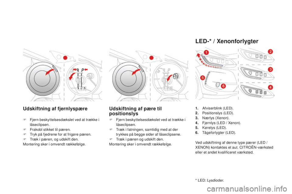 CITROEN DS3 2017 InstruktionsbØger (in Danish) DS3_da_Chap08_info-pratiques_ed02-2015
Udskiftning af fjernlyspæreUdskiftning af pære til
positionslys
F Fjern beskyttelsesdækslet ved at trække i
l
åseclipsen.
F
Fr
akobl stikket til pæren. CITROEN DS3 2017 InstruktionsbØger (in Danish) DS3_da_Chap08_info-pratiques_ed02-2015
Udskiftning af fjernlyspæreUdskiftning af pære til
positionslys
F Fjern beskyttelsesdækslet ved at trække i
l
åseclipsen.
F
Fr
akobl stikket til pæren.