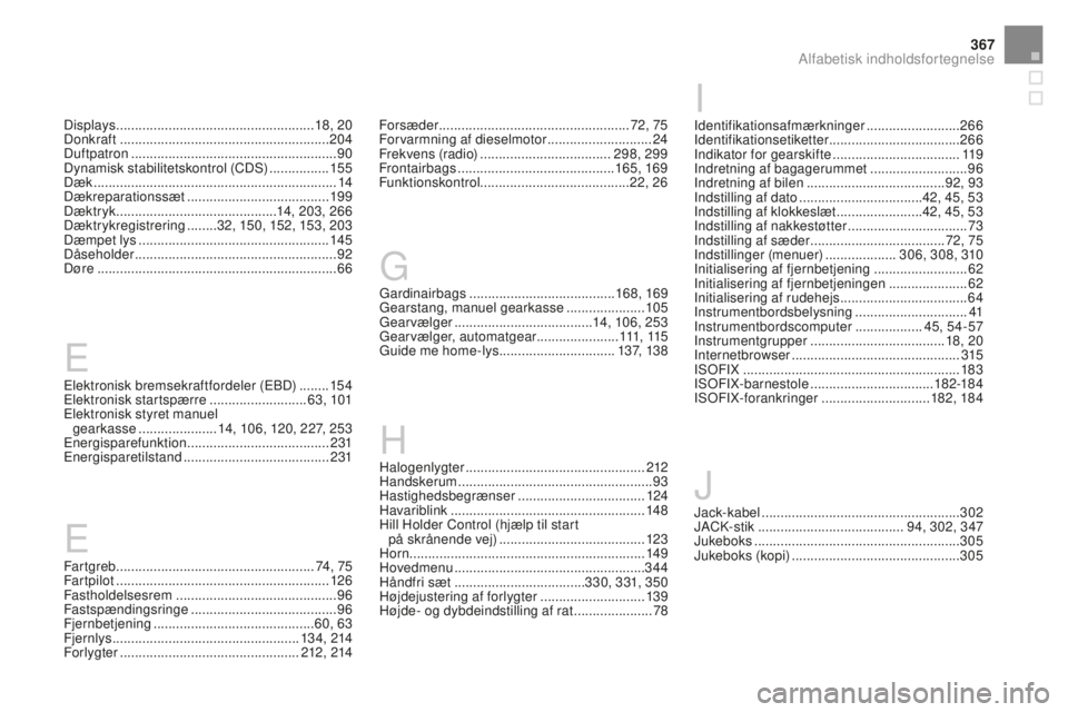 CITROEN DS3 2017 InstruktionsbØger (in Danish) 367
DS3_da_Chap12_index-recherche_ed02-2015
Elektronisk bremsekraftfordeler (EBD) ........15 4
Elektronisk startspærre .......................... 6
3, 101
Elektronisk styret manuel gearkasse
..... CITROEN DS3 2017 InstruktionsbØger (in Danish) 367
DS3_da_Chap12_index-recherche_ed02-2015
Elektronisk bremsekraftfordeler (EBD) ........15 4
Elektronisk startspærre .......................... 6
3, 101
Elektronisk styret manuel gearkasse
.....