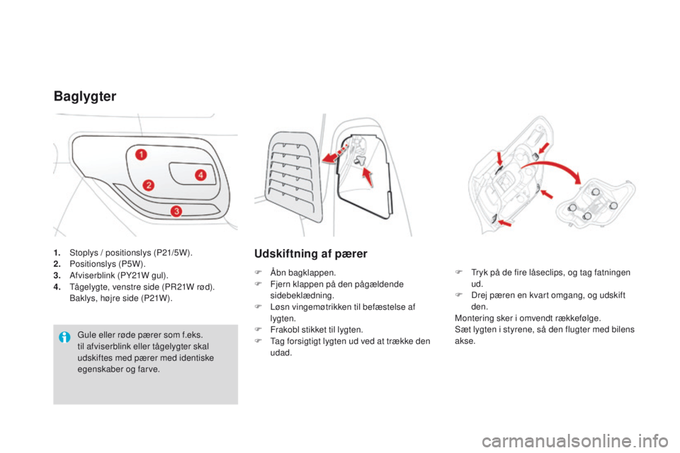 CITROEN DS3 2016 InstruktionsbØger (in Danish) DS3_da_Chap08_info-pratiques_ed01-2015
1. Stoplys / positionslys (P21/5W).
2. Positionslys (P5W).
3.
A
fviserblink (PY21W gul).
4.
T
ågelygte, venstre side (PR21W rød).
B
aklys, højre side (P CITROEN DS3 2016 InstruktionsbØger (in Danish) DS3_da_Chap08_info-pratiques_ed01-2015
1. Stoplys / positionslys (P21/5W).
2. Positionslys (P5W).
3.
A
fviserblink (PY21W gul).
4.
T
ågelygte, venstre side (PR21W rød).
B
aklys, højre side (P