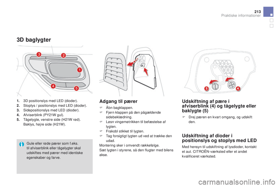 CITROEN DS3 2016 InstruktionsbØger (in Danish) 213
DS3_da_Chap08_info-pratiques_ed01-2015
Udskiftning af pære i
afviserblink (4) og tågelygte eller
baklygte (5)
F Drej pæren en kvart omgang, og udskift
den.
Udskiftning af dioder i
position CITROEN DS3 2016 InstruktionsbØger (in Danish) 213
DS3_da_Chap08_info-pratiques_ed01-2015
Udskiftning af pære i
afviserblink (4) og tågelygte eller
baklygte (5)
F Drej pæren en kvart omgang, og udskift
den.
Udskiftning af dioder i
position