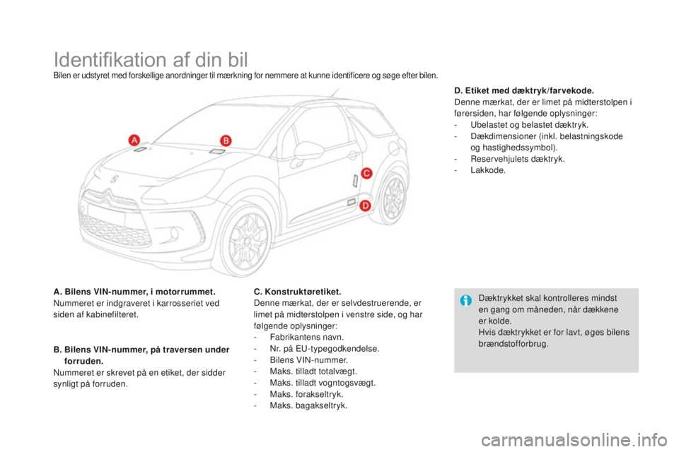 CITROEN DS3 2016 InstruktionsbØger (in Danish) DS3_da_Chap10_caracteristiques_ed01-2015
Identifikation af din bilBilen er udstyret med forskellige anordninger til mærkning for nemmere at kunne identificere og søge efter bilen.
A. Bilens VIN-numm CITROEN DS3 2016 InstruktionsbØger (in Danish) DS3_da_Chap10_caracteristiques_ed01-2015
Identifikation af din bilBilen er udstyret med forskellige anordninger til mærkning for nemmere at kunne identificere og søge efter bilen.
A. Bilens VIN-numm