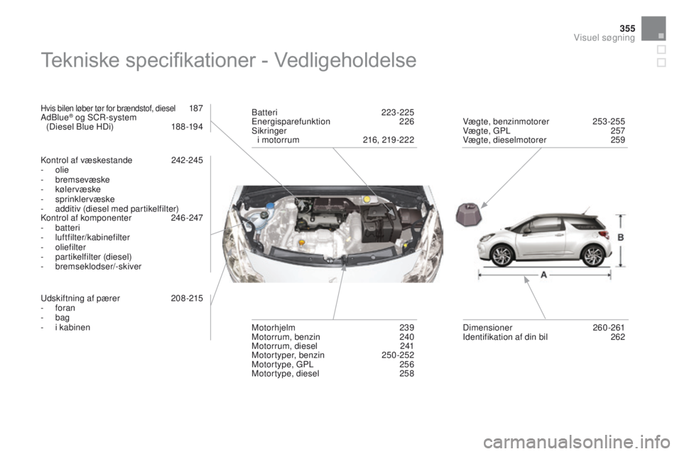 CITROEN DS3 2016 InstruktionsbØger (in Danish) 355
DS3_da_Chap12_index-recherche_ed01-2015
Tekniske specifikationer - Vedligeholdelse
Hvis bilen løber tør for brændstof, diesel 187
AdBlue® og SCR-system
(Diesel Blue HDi) 1 88 -194
Kontrol a CITROEN DS3 2016 InstruktionsbØger (in Danish) 355
DS3_da_Chap12_index-recherche_ed01-2015
Tekniske specifikationer - Vedligeholdelse
Hvis bilen løber tør for brændstof, diesel 187
AdBlue® og SCR-system
(Diesel Blue HDi) 1 88 -194
Kontrol a