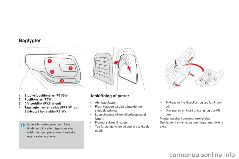 CITROEN DS3 2015 InstruktionsbØger (in Danish) DS3_da_Chap10_info-pratiques_ed01-2014
1. Stoplys/positionslys (P21/5W).
2. Positionslys (P5W).
3.
A
fviserblink (PY21W gul)
4.
T
ågelygte i venstre side (PR21W rød)
B
aklygte i højre side ( CITROEN DS3 2015 InstruktionsbØger (in Danish) DS3_da_Chap10_info-pratiques_ed01-2014
1. Stoplys/positionslys (P21/5W).
2. Positionslys (P5W).
3.
A
fviserblink (PY21W gul)
4.
T
ågelygte i venstre side (PR21W rød)
B
aklygte i højre side (