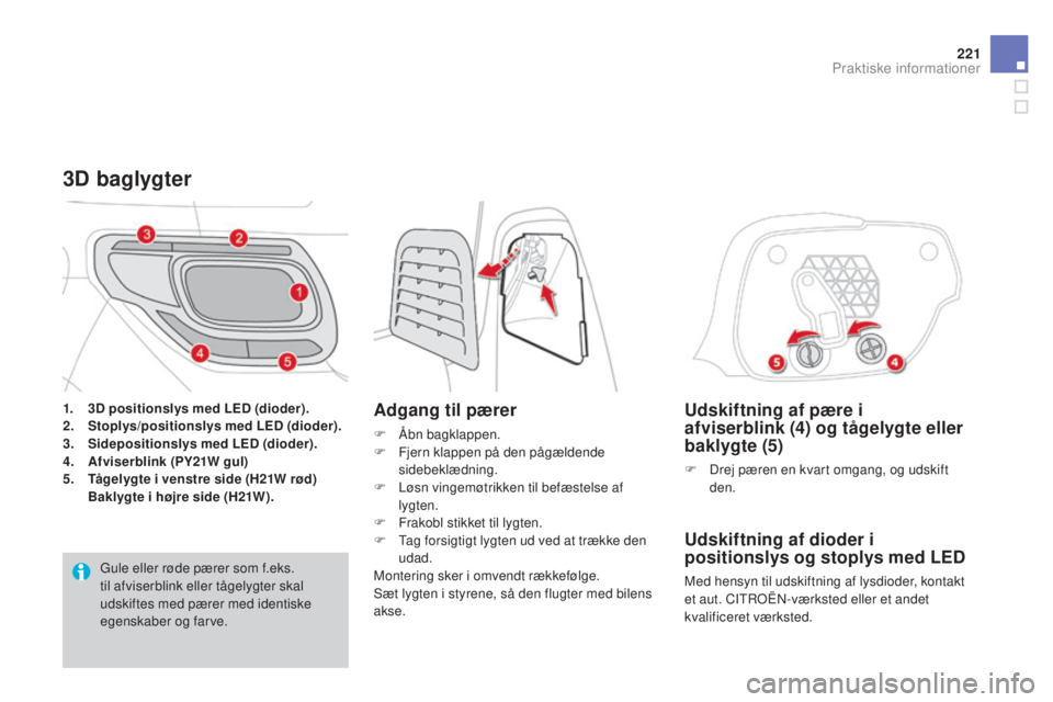 CITROEN DS3 2015 InstruktionsbØger (in Danish) 221
DS3_da_Chap10_info-pratiques_ed01-2014
Udskiftning af pære i
afviserblink (4) og tågelygte eller
baklygte (5)
F Drej pæren en kvart omgang, og udskift
den.
Udskiftning af dioder i
position CITROEN DS3 2015 InstruktionsbØger (in Danish) 221
DS3_da_Chap10_info-pratiques_ed01-2014
Udskiftning af pære i
afviserblink (4) og tågelygte eller
baklygte (5)
F Drej pæren en kvart omgang, og udskift
den.
Udskiftning af dioder i
position