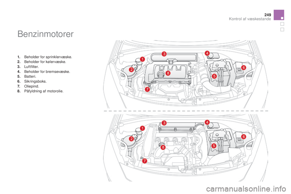 CITROEN DS3 2015 InstruktionsbØger (in Danish) 249
DS3_da_Chap11_verifications_ed01-2014
benzinmotorer
1. beholder for sprinklervæske.
2. beh older for kølervæske.
3.
Luftfilter.
4.
b
eh
older for bremsevæske.
5.
bat
teri.
6.
Sikri CITROEN DS3 2015 InstruktionsbØger (in Danish) 249
DS3_da_Chap11_verifications_ed01-2014
benzinmotorer
1. beholder for sprinklervæske.
2. beh older for kølervæske.
3.
Luftfilter.
4.
b
eh
older for bremsevæske.
5.
bat
teri.
6.
Sikri