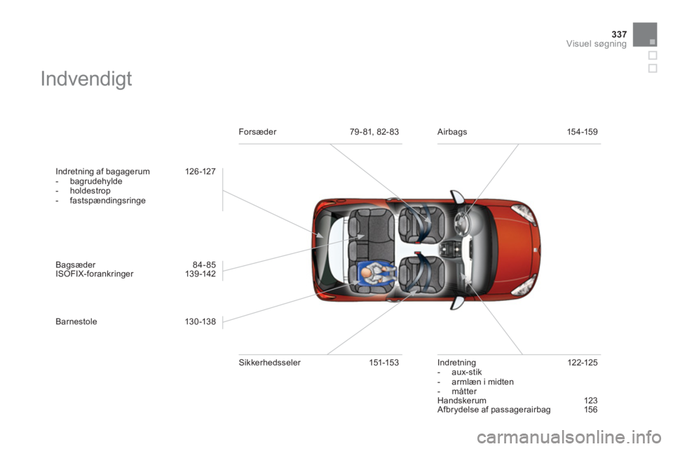 CITROEN DS3 2014  InstruktionsbØger (in Danish) 337
Visuel søgning
  Indvendigt  
 
 
Indretning af bagager um   126 -127
   
 
-  bagrudehylde 
   
-  holdestrop 
 
-  fastspændingsringe
   
Ba
gsæder   84- 85
  ISOFIX-forankringer   139-142
  