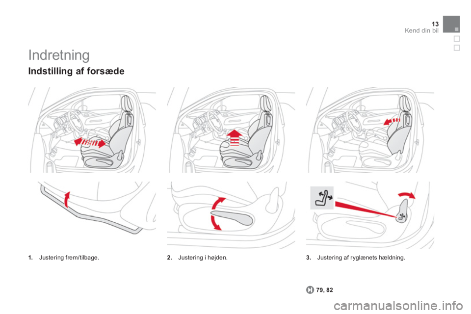 CITROEN DS3 2013  InstruktionsbØger (in Danish) 13Kend din bil
  Indretning 
3. Justering af ryglænets hældning. 
79
, 82
   
Indstilling af forsæde 
1. 
   Justering frem/tilbage.2. 
  Justering i højden. 
