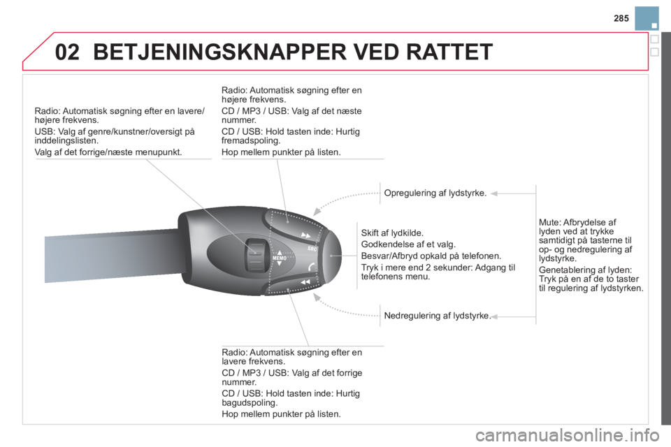 CITROEN DS3 2013  InstruktionsbØger (in Danish) 285
02BETJENINGSKNAPPER VED RATTET
Radio: Automatisk  søgning efter en lavere/højere frekvens. 
USB: Val
g af genre/kunstner/oversigt på inddelingslisten. 
Va l
g af det forrige/næste menupunkt.  