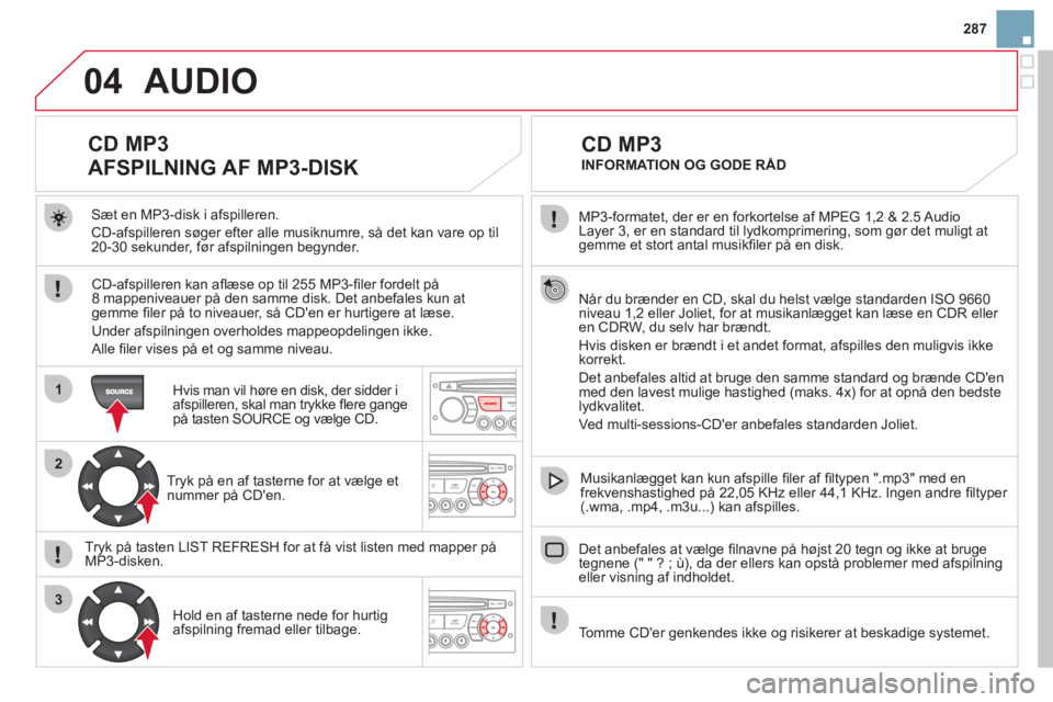 CITROEN DS3 2011  InstruktionsbØger (in Danish) 04
1
2
3
287
  MP3-formatet, der er en forkortelse af MPEG 1,2 & 2.5 Audio 
La
yer 3, er en standard til lydkomprimering, som gør det muligt at gemme et stort antal musikﬁ ler på en disk.  
  Når