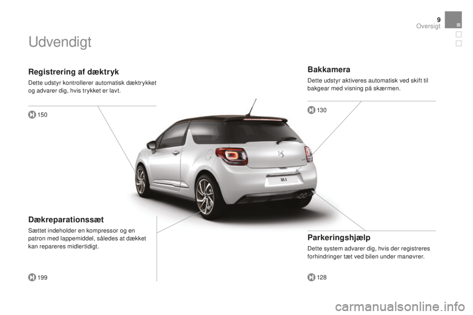 CITROEN DS3 CABRIO 2017  InstruktionsbØger (in Danish) 9
DS3_da_Chap00b_vue-ensemble_ed02-2015
Registrering af dæktryk
Dette udstyr kontrollerer automatisk dæktrykket 
og advarer dig, hvis trykket er lavt.150
19 9
Dækreparationssæt
Sættet indeholder 