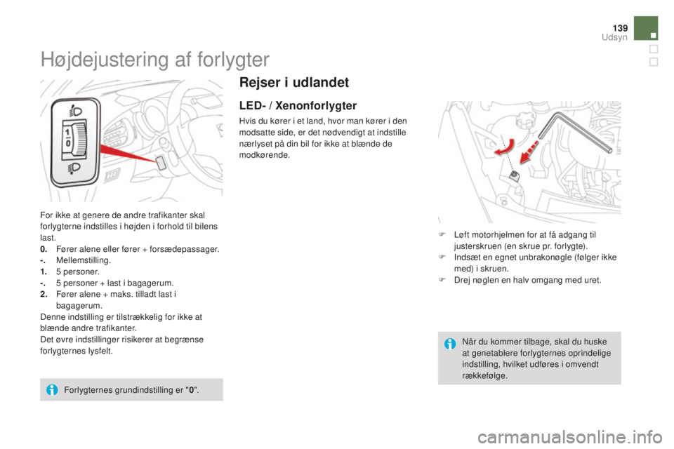 CITROEN DS3 CABRIO 2017 InstruktionsbØger (in Danish) 139
DS3_da_Chap05_visibilite_ed02-2015
Rejser i udlandet
LED- / Xenonforlygter
Hvis du kører i et land, hvor man kører i den
modsatte side, er det nødvendigt at indstille
nærlyset på din bil fo CITROEN DS3 CABRIO 2017 InstruktionsbØger (in Danish) 139
DS3_da_Chap05_visibilite_ed02-2015
Rejser i udlandet
LED- / Xenonforlygter
Hvis du kører i et land, hvor man kører i den
modsatte side, er det nødvendigt at indstille
nærlyset på din bil fo