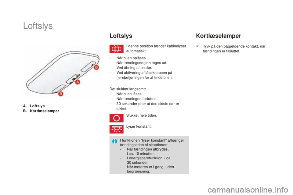 CITROEN DS3 CABRIO 2017 InstruktionsbØger (in Danish) DS3_da_Chap05_visibilite_ed02-2015
A. Loftslys
B. kor
tlæselamper
Loftslys
I denne position tænder kabinelyset
automatisk:
Loftslys
- Når bilen oplåses.
- Nå r tændingsnøglen tages ud.
-
Ve
CITROEN DS3 CABRIO 2017 InstruktionsbØger (in Danish) DS3_da_Chap05_visibilite_ed02-2015
A. Loftslys
B. kor
tlæselamper
Loftslys
I denne position tænder kabinelyset
automatisk:
Loftslys
- Når bilen oplåses.
- Nå r tændingsnøglen tages ud.
-
Ve