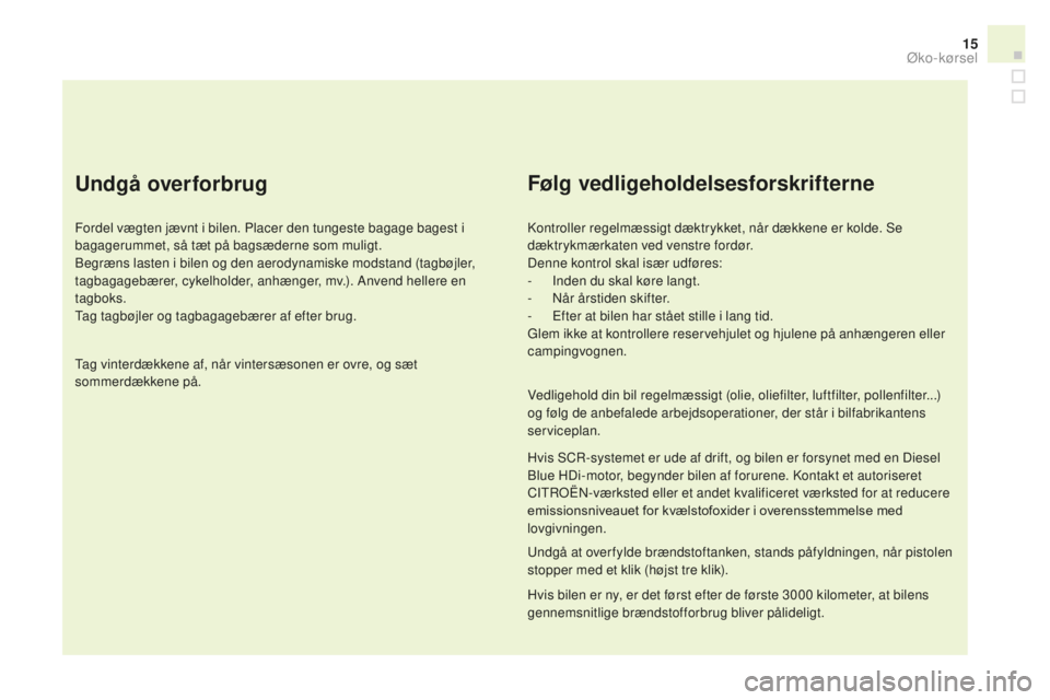 CITROEN DS3 CABRIO 2017  InstruktionsbØger (in Danish) 15
DS3_da_Chap00c_eco-conduite_ed02-2015
Undgå overforbrug
Fordel vægten jævnt i bilen. Placer den tungeste bagage bagest i 
bagagerummet, så tæt på bagsæderne som muligt.
Begræns lasten i bil