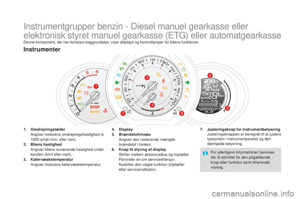 CITROEN DS3 CABRIO 2017 InstruktionsbØger (in Danish) DS3_da_Chap01_controle-de-marche_ed02-2015
Instrumentgrupper benzin - Diesel manuel gearkasse eller
elektronisk styret manuel gearkasse (ETG) eller automatgearkasse
Denne komponent, der har konstant CITROEN DS3 CABRIO 2017 InstruktionsbØger (in Danish) DS3_da_Chap01_controle-de-marche_ed02-2015
Instrumentgrupper benzin - Diesel manuel gearkasse eller
elektronisk styret manuel gearkasse (ETG) eller automatgearkasse
Denne komponent, der har konstant