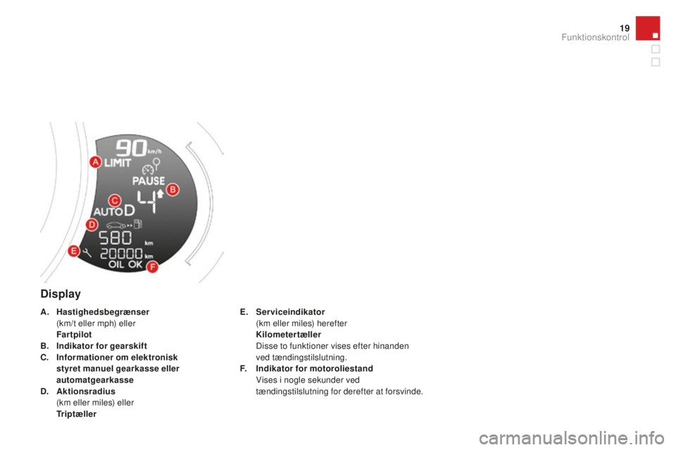 CITROEN DS3 CABRIO 2017 InstruktionsbØger (in Danish) 19
DS3_da_Chap01_controle-de-marche_ed02-2015
Display
E. Serviceindikator (k
m eller miles) herefter
ki
lometertæller
Di
sse to funktioner vises efter hinanden
ved tændingstilslutning.
F.
I CITROEN DS3 CABRIO 2017 InstruktionsbØger (in Danish) 19
DS3_da_Chap01_controle-de-marche_ed02-2015
Display
E. Serviceindikator (k
m eller miles) herefter
ki
lometertæller
Di
sse to funktioner vises efter hinanden
ved tændingstilslutning.
F.
I