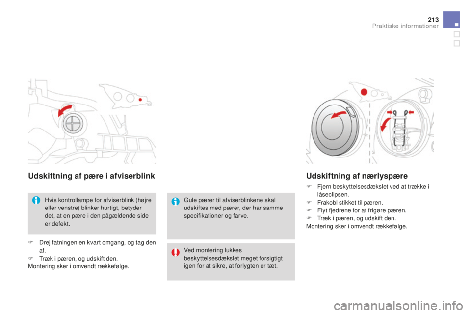 CITROEN DS3 CABRIO 2017 InstruktionsbØger (in Danish) 213
DS3_da_Chap08_info-pratiques_ed02-2015
Udskiftning af pære i afviserblink
Hvis kontrollampe for afviserblink (højre
eller venstre) blinker hurtigt, betyder
det, at en pære i den pågældende CITROEN DS3 CABRIO 2017 InstruktionsbØger (in Danish) 213
DS3_da_Chap08_info-pratiques_ed02-2015
Udskiftning af pære i afviserblink
Hvis kontrollampe for afviserblink (højre
eller venstre) blinker hurtigt, betyder
det, at en pære i den pågældende