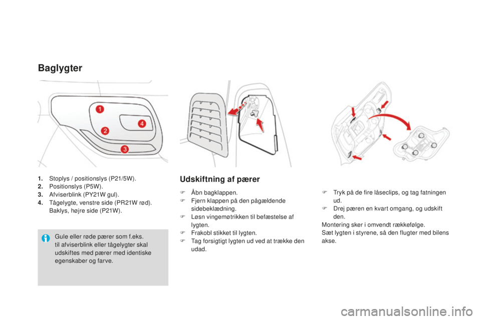 CITROEN DS3 CABRIO 2017 InstruktionsbØger (in Danish) DS3_da_Chap08_info-pratiques_ed02-2015
1. Stoplys / positionslys (P21/5W).
2. Pos itionslys (P5W).
3.
Af
viserblink (PY21W gul).
4.
Tå
gelygte, venstre side (PR21W rød).
Ba
klys, højre side ( CITROEN DS3 CABRIO 2017 InstruktionsbØger (in Danish) DS3_da_Chap08_info-pratiques_ed02-2015
1. Stoplys / positionslys (P21/5W).
2. Pos itionslys (P5W).
3.
Af
viserblink (PY21W gul).
4.
Tå
gelygte, venstre side (PR21W rød).
Ba
klys, højre side (