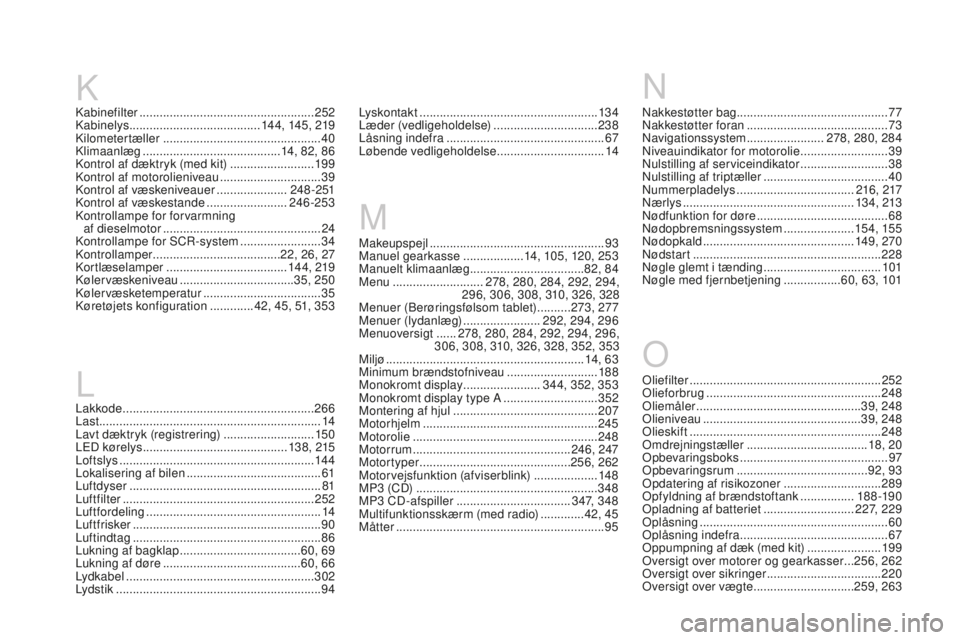 CITROEN DS3 CABRIO 2017 InstruktionsbØger (in Danish) DS3_da_Chap12_index-recherche_ed02-2015
Makeupspejl ....................................................93
M anuel gearkasse .................. 1
4, 105, 120, 253
Manuelt klimaanlæg
................ CITROEN DS3 CABRIO 2017 InstruktionsbØger (in Danish) DS3_da_Chap12_index-recherche_ed02-2015
Makeupspejl ....................................................93
M anuel gearkasse .................. 1
4, 105, 120, 253
Manuelt klimaanlæg
................