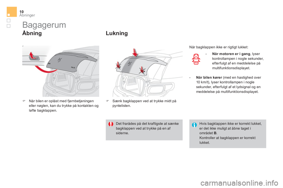 CITROEN DS3 CABRIO 2017  InstruktionsbØger (in Danish) Åbninger10
   
 
 
 
 
 
 
 
 
 
 
Bagagerum 
 
 
Åbning 
 
 
 
�) 
  Når bilen er oplåst med fjernbetjeningen 
eller nøglen, kan du trykke på kontakten og 
løfte bagklappen.  
 
 
 
Lukning 
 