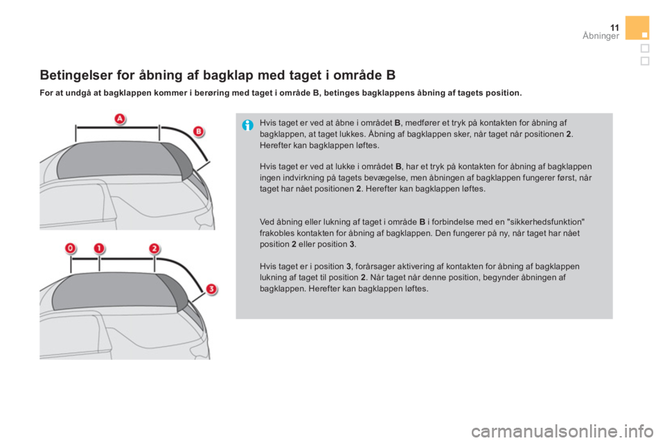 CITROEN DS3 CABRIO 2017  InstruktionsbØger (in Danish) 11Åbninger
   
Hvis taget er ved at åbne i området  B 
, medfører et tryk på kontakten for åbning af 
bagklappen, at taget lukkes. Åbning af bagklappen sker, når taget når positionen  2 
. 
H