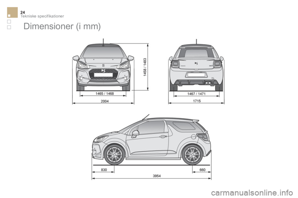 CITROEN DS3 CABRIO 2017  InstruktionsbØger (in Danish) Te k n i s k e  s p e c i f i k a t i o n e r24
   
 
 
 
 
Dimensioner (i mm)  
