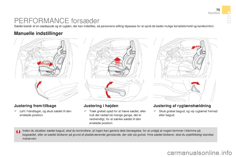 CITROEN DS3 CABRIO 2017  InstruktionsbØger (in Danish) 75
DS3_da_Chap03_confort_ed02-2015
PERFORMANCE forsæderSædet består af en sædepude og et ryglæn, der kan indstilles, så personens stilling tilpasses for at opnå de bedst mulige kørselsforhold 