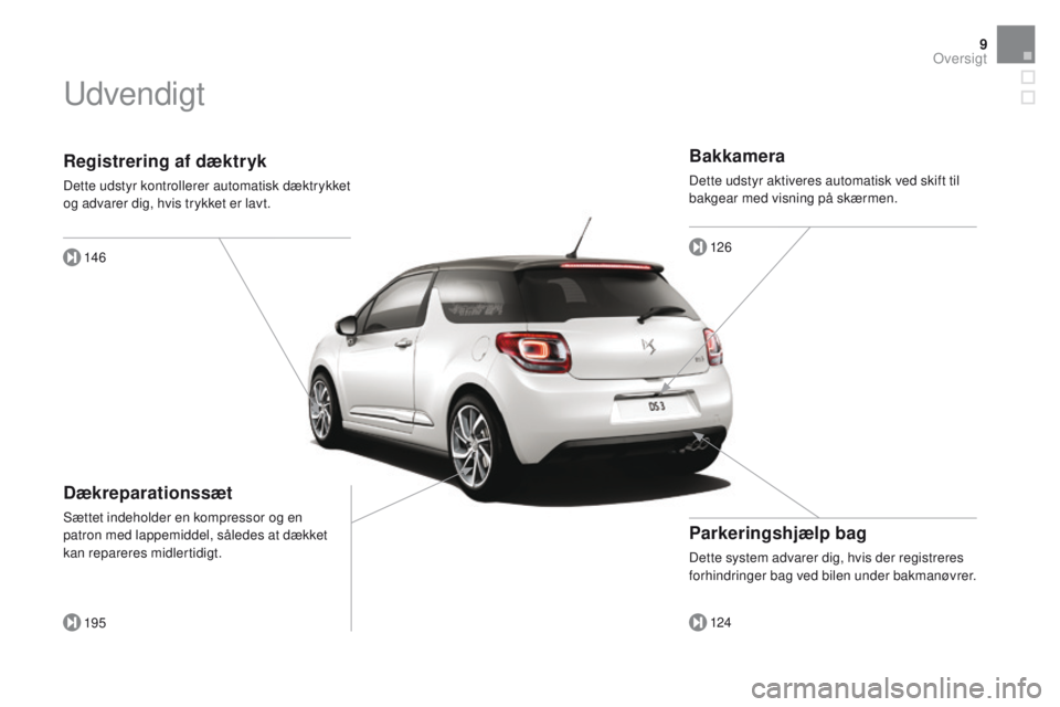CITROEN DS3 CABRIO 2016  InstruktionsbØger (in Danish) 9
DS3_da_Chap00b_vue-ensemble_ed01-2015
Registrering af dæktryk
Dette udstyr kontrollerer automatisk dæktrykket 
og advarer dig, hvis trykket er lavt.146
195
Dækreparationssæt
Sættet indeholder e