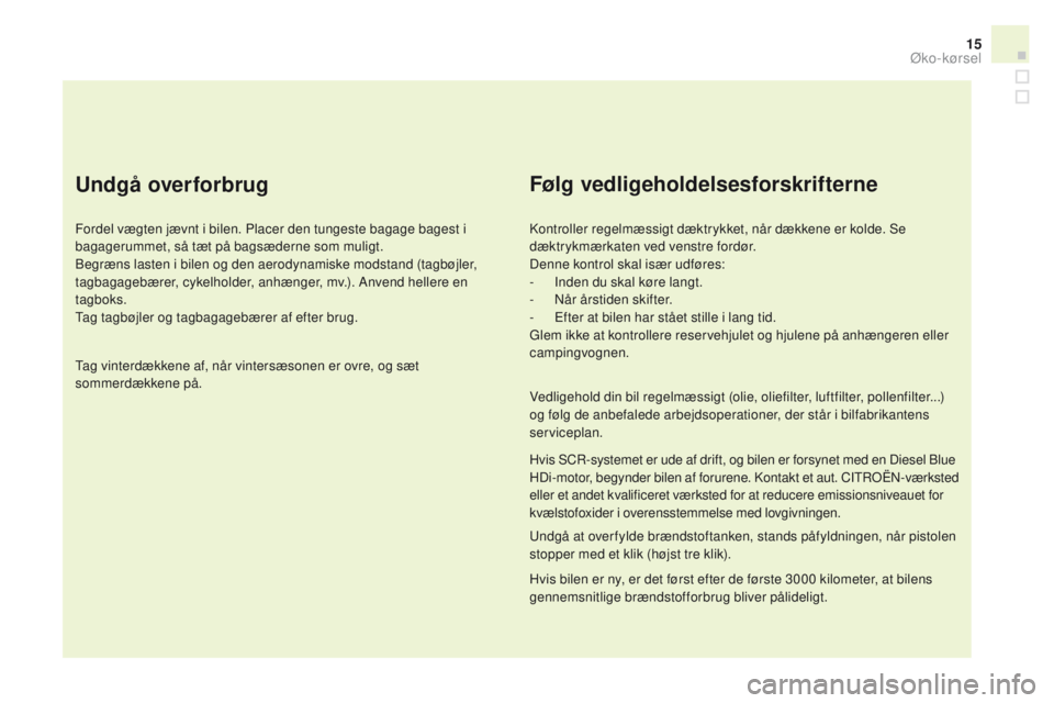 CITROEN DS3 CABRIO 2016  InstruktionsbØger (in Danish) 15
DS3_da_Chap00c_eco-conduite_ed01-2015
Undgå overforbrug
Fordel vægten jævnt i bilen. Placer den tungeste bagage bagest i 
bagagerummet, så tæt på bagsæderne som muligt.
Begræns lasten i bil