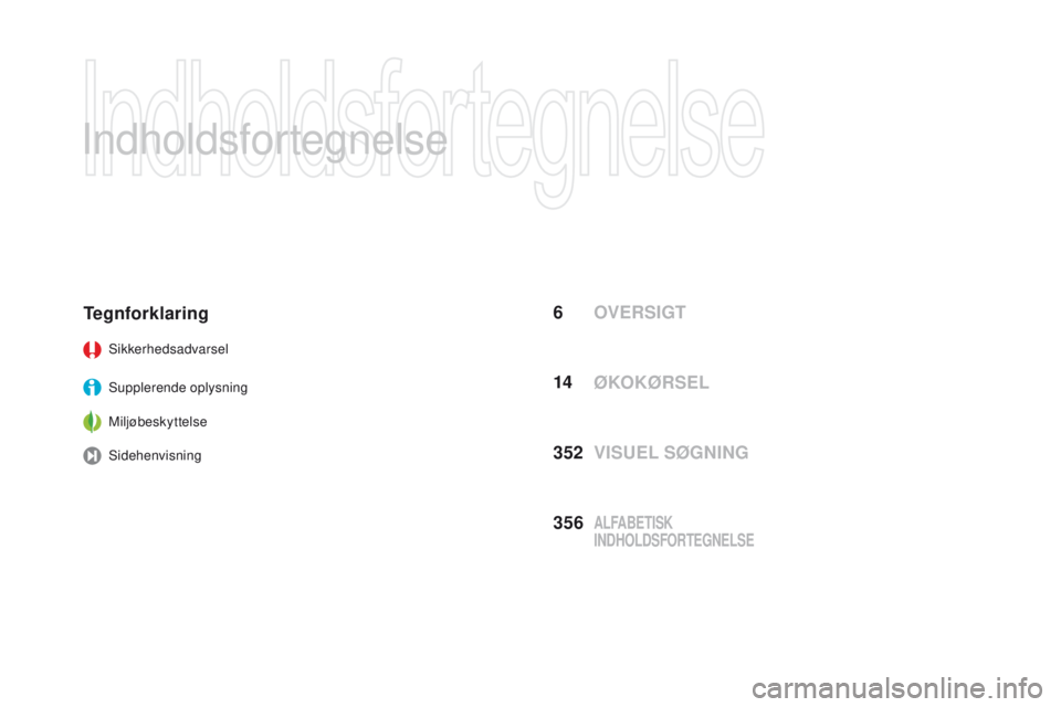 CITROEN DS3 CABRIO 2016  InstruktionsbØger (in Danish) DS3_da_Chap00a_sommaire_ed01-2015
Indholdsfortegnelse
OVERSIGT
Tegnforklaring
Sikkerhedsadvarsel
Supplerende oplysning
Miljøbeskyttelse
Sidehenvisning
VISUEL SØGNING Øk
OkØR
 SEL
ALFABETISk 
I NDH
