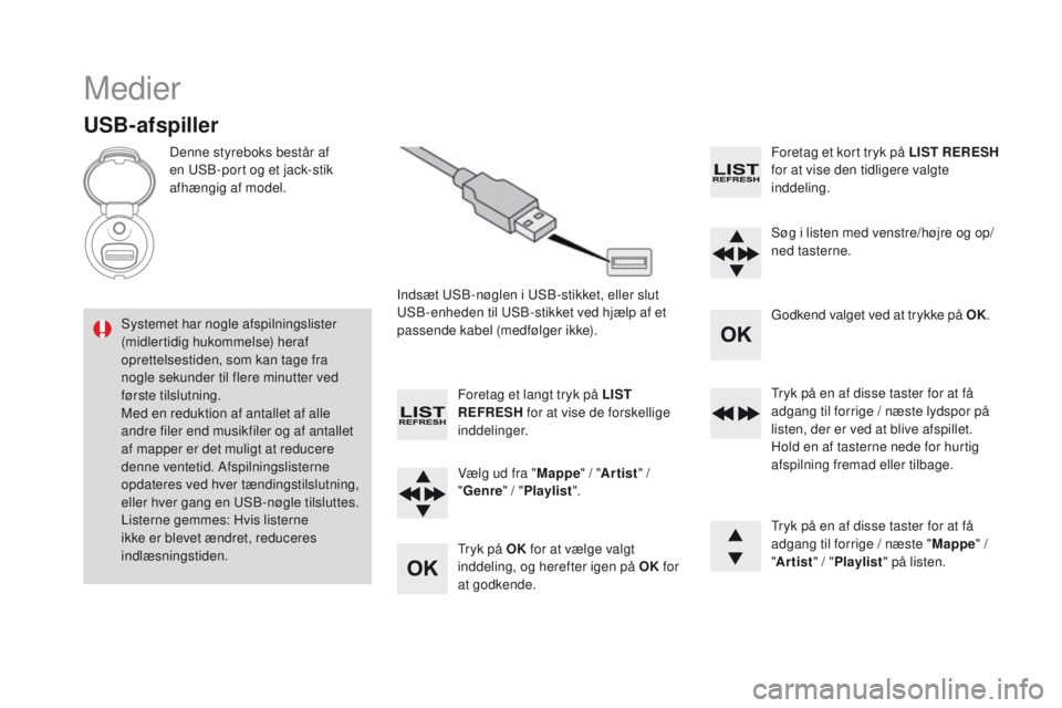CITROEN DS3 CABRIO 2016  InstruktionsbØger (in Danish) DS3 _da _Chap11d _ RD 45 _ ed 01-2015
Medier
USB-afspiller
Denne styreboks består af 
en USB-port og et jack-stik 
afhængig af model.Indsæt USB-nøglen i USB-stikket, eller slut 
USB-enheden til US