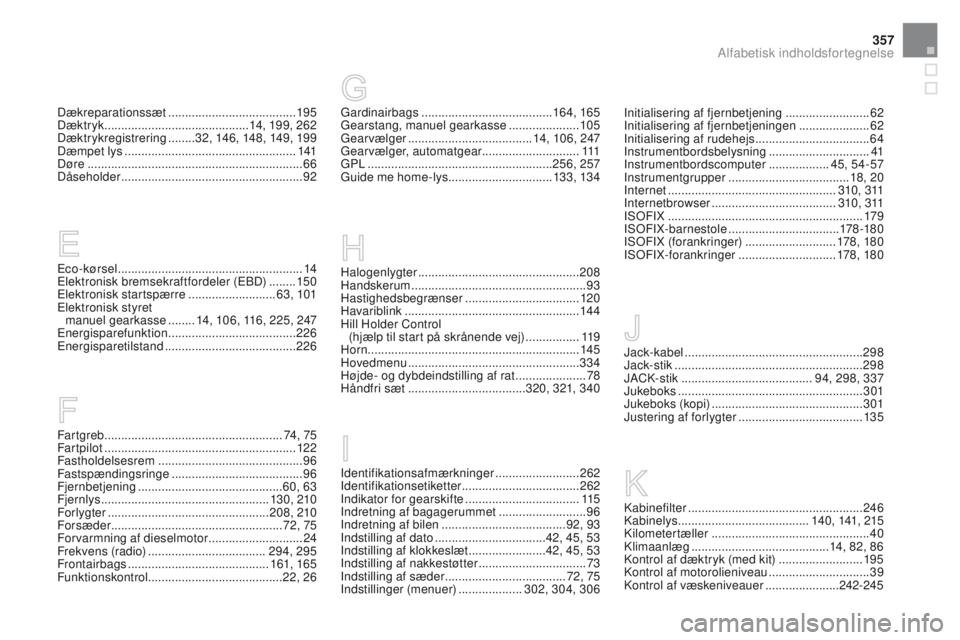 CITROEN DS3 CABRIO 2016  InstruktionsbØger (in Danish) 357
DS3_da_Chap12_index-recherche_ed01-2015
Eco-kørsel .......................................................14
E lektronisk bremsekraftfordeler (EBD)  ........150
Elektronisk startspærre
 

......