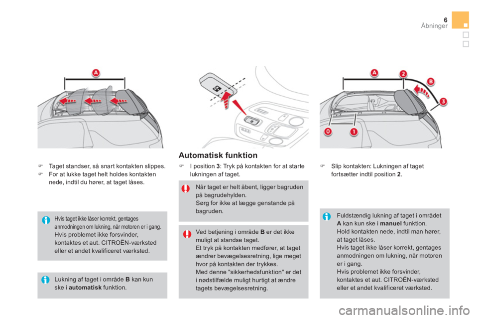CITROEN DS3 CABRIO 2016  InstruktionsbØger (in Danish) 6Åbninger
   
Automatisk funktion 
 
 
 
�) 
  I position  3 
: Tryk på kontakten for at starte 
lukningen af taget. 
   
Når taget er helt åbent, ligger bagruden 
på bagrudehylden. 
  Sørg for 