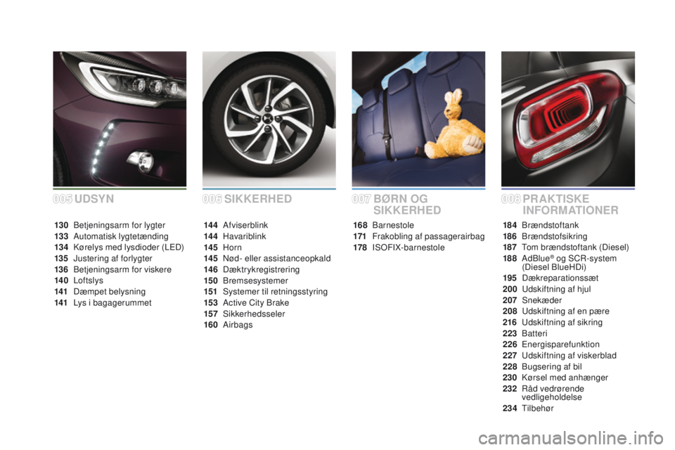 CITROEN DS3 CABRIO 2016 InstruktionsbØger (in Danish) DS3_da_Chap00a_sommaire_ed01-2015
SIkkERHEDPRAkT ISk E
INFORMATIONER
BØRN OG
SIk
kE RHED
168 Barnestole
171 F rakobling af passagerairbag
178
ISOFIX-barnestole
14 4
Afviserblink
14 4
Havaribli CITROEN DS3 CABRIO 2016 InstruktionsbØger (in Danish) DS3_da_Chap00a_sommaire_ed01-2015
SIkkERHEDPRAkT ISk E
INFORMATIONER
BØRN OG
SIk
kE RHED
168 Barnestole
171 F rakobling af passagerairbag
178
ISOFIX-barnestole
14 4
Afviserblink
14 4
Havaribli