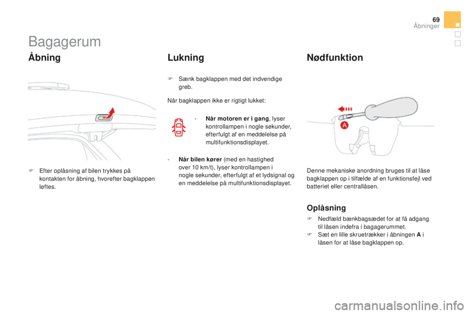 CITROEN DS3 CABRIO 2016  InstruktionsbØger (in Danish) 69
DS3_da_Chap02_ouvertures_ed01-2015
Bagagerum
Åbning
F Efter oplåsning af bilen trykkes på kontakten for åbning, hvorefter bagklappen 
løftes.
Lukning
F Sænk bagklappen med det indvendige greb