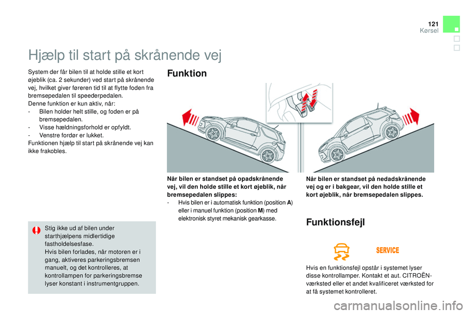 CITROEN DS3 CABRIO 2015 InstruktionsbØger (in Danish) 121
DS3_da_Chap06_conduite_ed01-2014
Hjælp til start på skrånende vej
System der får bilen til at holde stille et kort
øjeblik (ca. 2 sekunder) ved start på skrånende
vej, hvilket giver før CITROEN DS3 CABRIO 2015 InstruktionsbØger (in Danish) 121
DS3_da_Chap06_conduite_ed01-2014
Hjælp til start på skrånende vej
System der får bilen til at holde stille et kort
øjeblik (ca. 2 sekunder) ved start på skrånende
vej, hvilket giver før