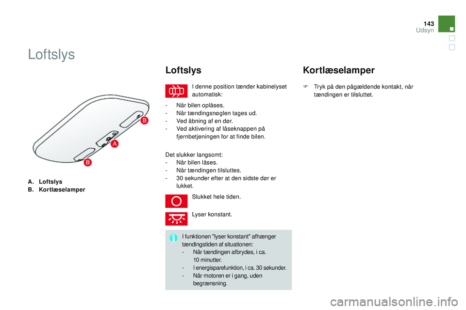 CITROEN DS3 CABRIO 2015  InstruktionsbØger (in Danish) 143
DS3_da_Chap07_visibilite_ed01-2014
A. Loftslys
B. Kortlæselamper
Loftslys
I denne position tænder kabinelyset 
automatisk:
Loftslys
-  når bilen oplåses.
- nå r tændingsnøglen tages ud.
-
 
