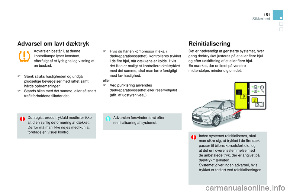 CITROEN DS3 CABRIO 2015 InstruktionsbØger (in Danish) 151
DS3_da_Chap08_securite_ed01-2014
Advarslen forsvinder først efter
reinitialisering af systemet.
Det registrerede trykfald medfører ikke
altid en synlig deformering af dækket.
Der for må man CITROEN DS3 CABRIO 2015 InstruktionsbØger (in Danish) 151
DS3_da_Chap08_securite_ed01-2014
Advarslen forsvinder først efter
reinitialisering af systemet.
Det registrerede trykfald medfører ikke
altid en synlig deformering af dækket.
Der for må man