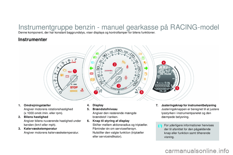 CITROEN DS3 CABRIO 2015 InstruktionsbØger (in Danish) DS3_da_Chap01_controle-de-marche_ed01-2014
Instrumentgruppe benzin - manuel gearkasse på rACIn g- modelDenne komponent, der har konstant baggrundslys, viser displays og kontrollamper for bilens funkt CITROEN DS3 CABRIO 2015 InstruktionsbØger (in Danish) DS3_da_Chap01_controle-de-marche_ed01-2014
Instrumentgruppe benzin - manuel gearkasse på rACIn g- modelDenne komponent, der har konstant baggrundslys, viser displays og kontrollamper for bilens funkt