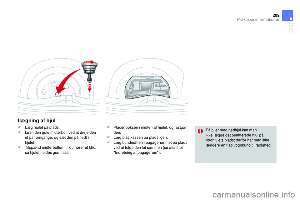 CITROEN DS3 CABRIO 2015  InstruktionsbØger (in Danish) 209
DS3_da_Chap10_info-pratiques_ed01-2014
Ilægning af hjul
F Placer boksen i midten af hjulet, og fastgør den.
F
 
L
 æg plastkassen på plads igen.
F
 
L
 æg bundmåtten i bagagerummet på plads