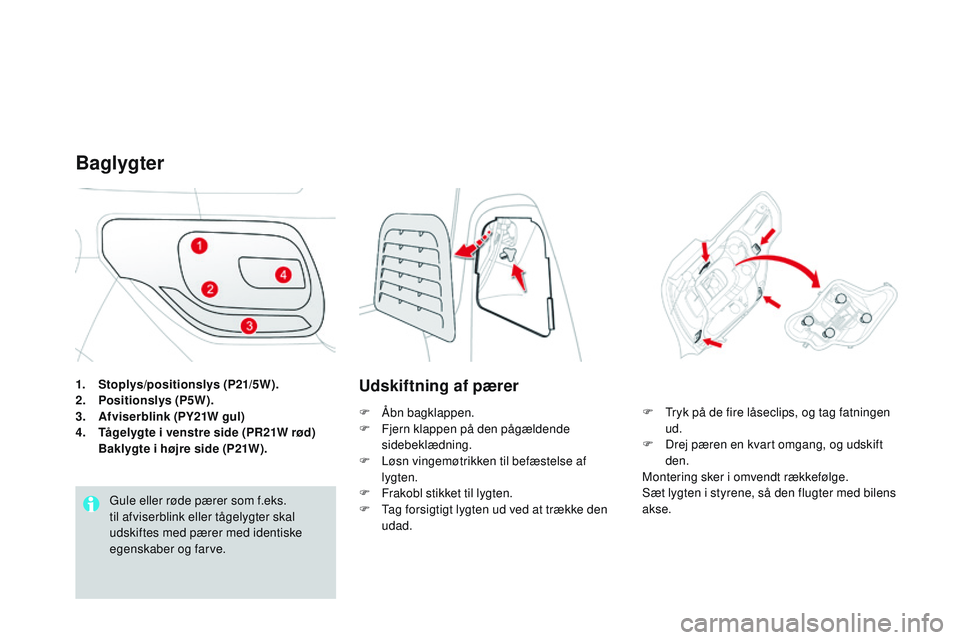 CITROEN DS3 CABRIO 2015  InstruktionsbØger (in Danish) DS3_da_Chap10_info-pratiques_ed01-2014
1. Stoplys/positionslys (P21/5W).
2. Positionslys (P5W).
3.
 A

fviserblink (PY21W gul)
4.
 T

ågelygte i venstre side (PR21W rød) 
 B

aklygte i højre side (