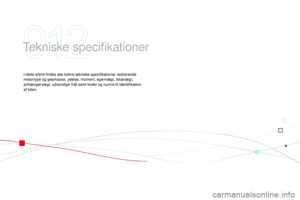 CITROEN DS3 CABRIO 2015 InstruktionsbØger (in Danish) DS3_da_Chap12_caracteristiques_ed01-2014
tekniske specifikationer
I dette afsnit findes alle bilens tekniske specifikationer vedrørende
motortype og gearkasse, ydelse, moment, egenvægt, totalvægt, CITROEN DS3 CABRIO 2015 InstruktionsbØger (in Danish) DS3_da_Chap12_caracteristiques_ed01-2014
tekniske specifikationer
I dette afsnit findes alle bilens tekniske specifikationer vedrørende
motortype og gearkasse, ydelse, moment, egenvægt, totalvægt,