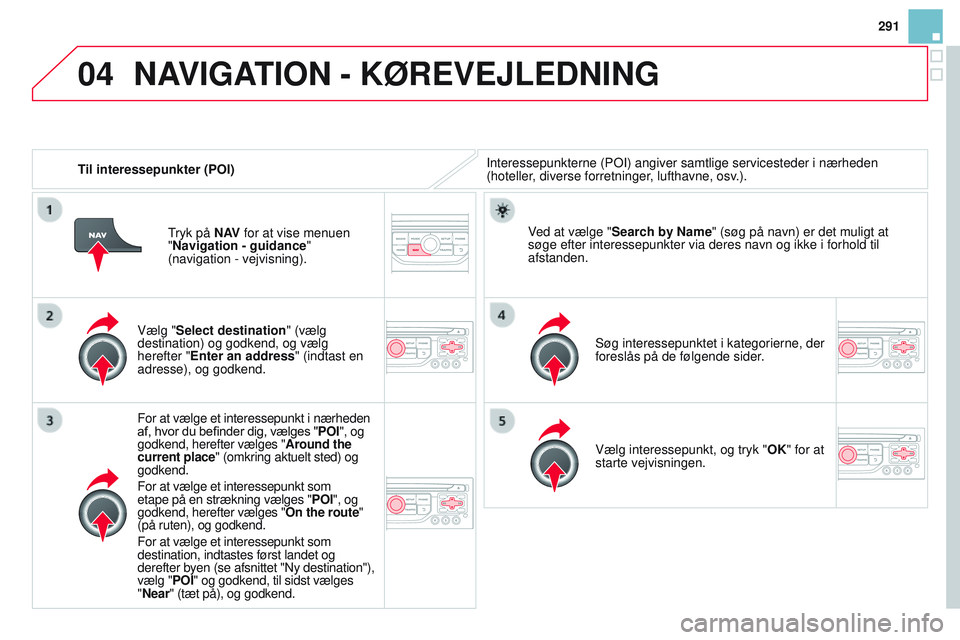 CITROEN DS3 CABRIO 2015  InstruktionsbØger (in Danish) 04
291
DS3_da_Chap13b_rt6-2-8_ed01-2014
Til interessepunkter (POI)Interessepunkterne (P o I) angiver samtlige servicesteder i nærheden 
(hoteller, diverse forretninger, lufthavne, osv.).
Vælg "S