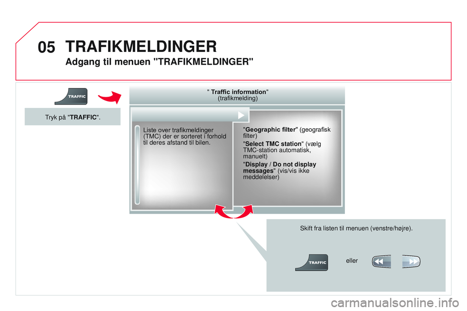 CITROEN DS3 CABRIO 2015 InstruktionsbØger (in Danish) 05
DS3_da_Chap13b_rt6-2-8_ed01-2014
Adgang til menuen "TRAFIKMELDINGER"
Liste over trafikmeldinger (t MC) der er sorteret i forhold
til deres afstand til bilen.
Skift fra listen til menuen (v CITROEN DS3 CABRIO 2015 InstruktionsbØger (in Danish) 05
DS3_da_Chap13b_rt6-2-8_ed01-2014
Adgang til menuen "TRAFIKMELDINGER"
Liste over trafikmeldinger (t MC) der er sorteret i forhold
til deres afstand til bilen.
Skift fra listen til menuen (v