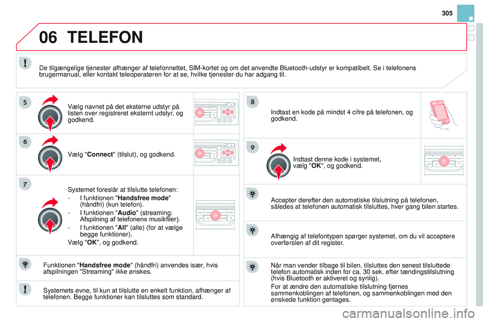 CITROEN DS3 CABRIO 2015 InstruktionsbØger (in Danish) 06
305
DS3_da_Chap13b_rt6-2-8_ed01-2014
TELEFON
Vælg "Connect" (tilslut), og godkend.
Systemet foreslår at tilslutte telefonen:
-
I funktionen "
Handsfree mode"
(håndfri) (kun te CITROEN DS3 CABRIO 2015 InstruktionsbØger (in Danish) 06
305
DS3_da_Chap13b_rt6-2-8_ed01-2014
TELEFON
Vælg "Connect" (tilslut), og godkend.
Systemet foreslår at tilslutte telefonen:
-
I funktionen "
Handsfree mode"
(håndfri) (kun te