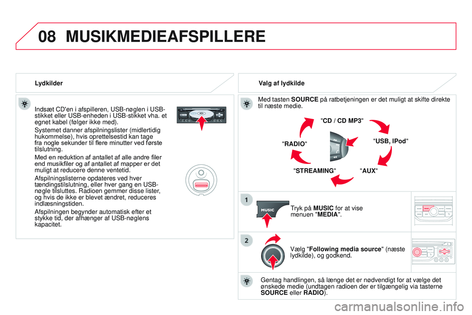 CITROEN DS3 CABRIO 2015 InstruktionsbØger (in Danish) 08
DS3_da_Chap13b_rt6-2-8_ed01-2014
Indsæt CD'en i afspilleren, uSb-nøglen i uSb-
stikket eller u S b -enheden i u S b -stikket vha. et
egnet kabel (følger ikke med).
Systemet danner afspiln CITROEN DS3 CABRIO 2015 InstruktionsbØger (in Danish) 08
DS3_da_Chap13b_rt6-2-8_ed01-2014
Indsæt CD'en i afspilleren, uSb-nøglen i uSb-
stikket eller u S b -enheden i u S b -stikket vha. et
egnet kabel (følger ikke med).
Systemet danner afspiln